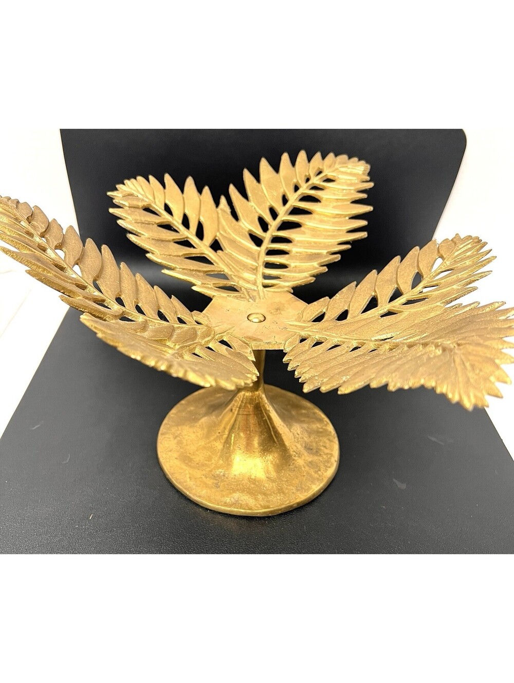 Unique MCM Brass Fern Leaf Bowl Display Stand Pedestal Base 11 Inch Wide